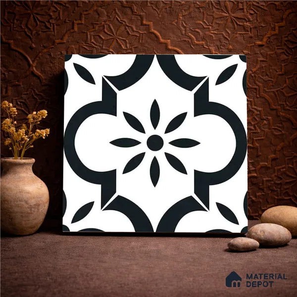 Moroccan Monochrome Wall & Floor Tile TL 11141 Noir Petal 1 ft x 1 ft Ceramic Matte Finish Tile - 10 mm | Suitable For Kitchen, Bathroom, Balcony