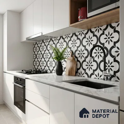 Moroccan Monochrome Wall & Floor Tile TL 11141 Noir Petal 1 ft x 1 ft Ceramic Matte Finish Tile - 10 mm | Suitable For Kitchen, Bathroom, Balcony