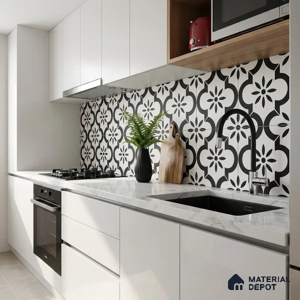 Moroccan Monochrome Wall & Floor Tile TL 11141 Noir Petal 1 ft x 1 ft Ceramic Matte Finish Tile - 10 mm | Suitable For Kitchen, Bathroom, Balcony