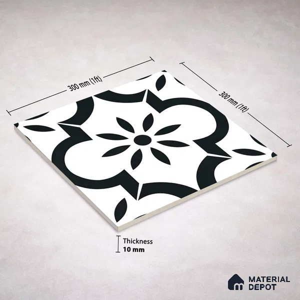 Moroccan Monochrome Wall & Floor Tile TL 11141 Noir Petal 1 ft x 1 ft Ceramic Matte Finish Tile - 10 mm | Suitable For Kitchen, Bathroom, Balcony