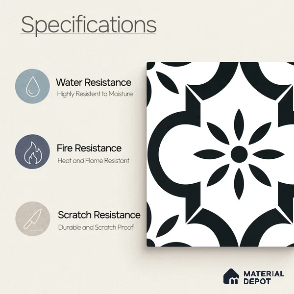 Moroccan Monochrome Wall & Floor Tile TL 11141 Noir Petal 1 ft x 1 ft Ceramic Matte Finish Tile - 10 mm | Suitable For Kitchen, Bathroom, Balcony