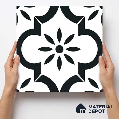 Moroccan Monochrome Wall & Floor Tile TL 11141 Noir Petal 1 ft x 1 ft Ceramic Matte Finish Tile - 10 mm | Suitable For Kitchen, Bathroom, Balcony