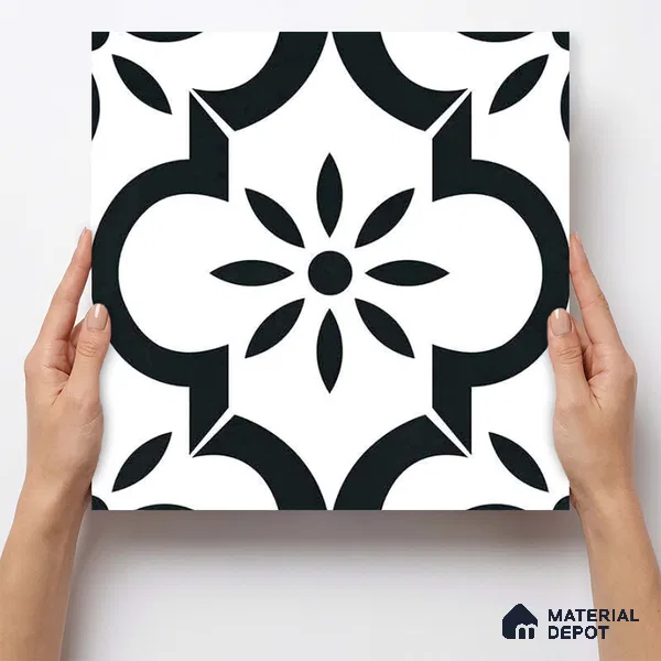 Moroccan Monochrome Wall & Floor Tile TL 11141 Noir Petal 1 ft x 1 ft Ceramic Matte Finish Tile - 10 mm | Suitable For Kitchen, Bathroom, Balcony