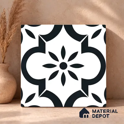 Moroccan Monochrome Wall & Floor Tile TL 11141 Noir Petal 1 ft x 1 ft Ceramic Matte Finish Tile - 10 mm | Suitable For Kitchen, Bathroom, Balcony