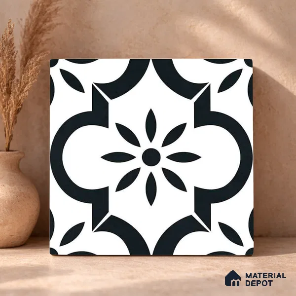 Moroccan Monochrome Wall & Floor Tile TL 11141 Noir Petal 1 ft x 1 ft Ceramic Matte Finish Tile - 10 mm | Suitable For Kitchen, Bathroom, Balcony