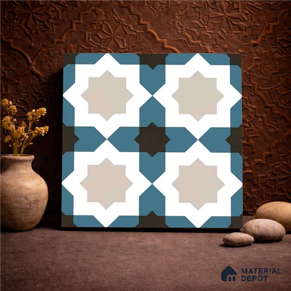 Moroccan Wall & Floor Tile TL 11113 Azure Star Mosaic 1 ft x 1 ft Ceramic Matte Finish Tile - 10 mm | Suitable For Kitchen, Bathroom, Balcony