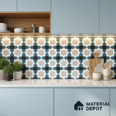 Moroccan Wall & Floor Tile TL 11113 Azure Star Mosaic 1 ft x 1 ft Ceramic Matte Finish Tile - 10 mm | Suitable For Kitchen, Bathroom, Balcony