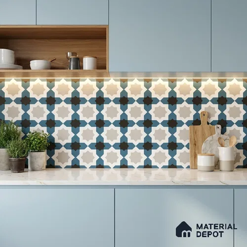 Moroccan Wall & Floor Tile TL 11113 Azure Star Mosaic 1 ft x 1 ft Ceramic Matte Finish Tile - 10 mm | Suitable For Bathroom, Balcony & Kitchen Backsplash