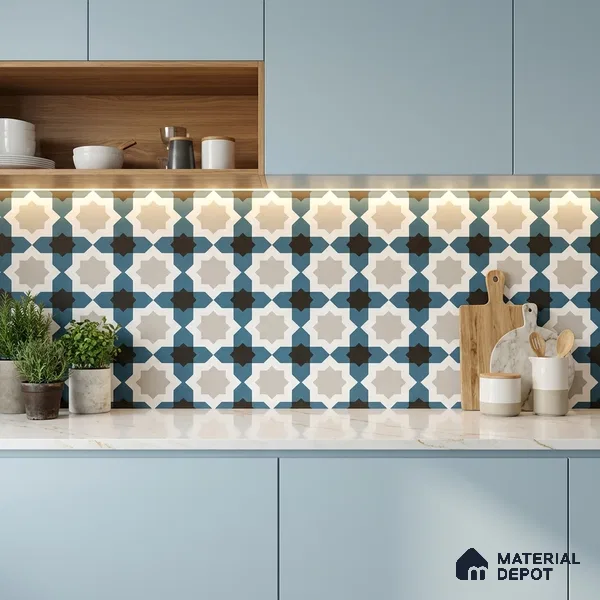 Moroccan Wall & Floor Tile TL 11113 Azure Star Mosaic 1 ft x 1 ft Ceramic Matte Finish Tile - 10 mm | Suitable For Kitchen, Bathroom, Balcony