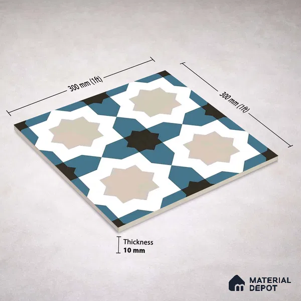 Moroccan Wall & Floor Tile TL 11113 Azure Star Mosaic 1 ft x 1 ft Ceramic Matte Finish Tile - 10 mm | Suitable For Kitchen, Bathroom, Balcony