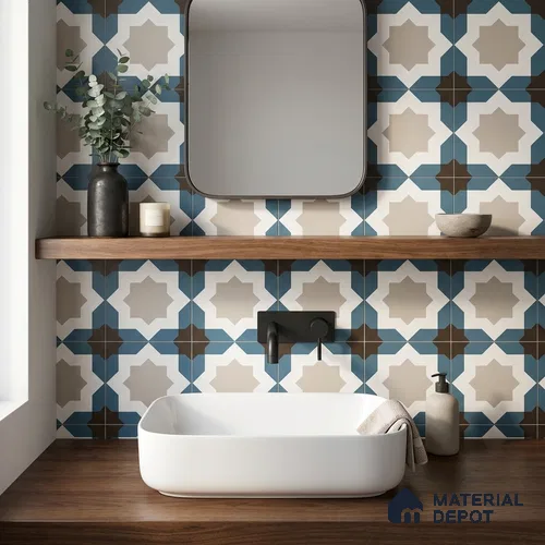 Moroccan Wall & Floor Tile TL 11113 Azure Star Mosaic 1 ft x 1 ft Ceramic Matte Finish Tile - 10 mm | Suitable For Kitchen, Bathroom, Balcony