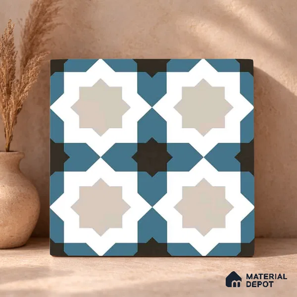 Moroccan Wall & Floor Tile TL 11113 Azure Star Mosaic 1 ft x 1 ft Ceramic Matte Finish Tile - 10 mm | Suitable For Kitchen, Bathroom, Balcony