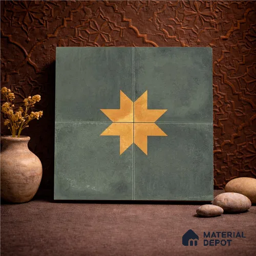 Moroccan Wall & Floor Center 3 Carpet Tile TL 11218 Olive Starburst 1 ft x 1 ft Ceramic Matte Finish Tile - 10 mm | Suitable For Bathroom, Balcony & Kitchen Backsplash
