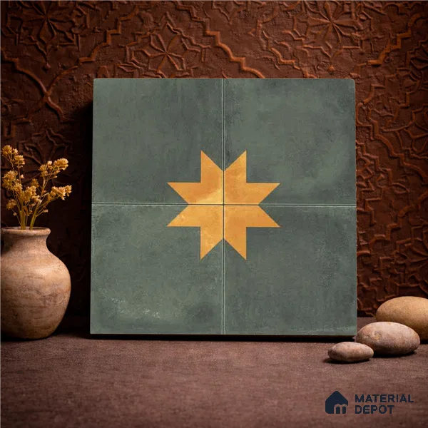 Moroccan Wall & Floor Center 3 Carpet Tile TL 11218 Olive Starburst 1 ft x 1 ft Ceramic Matte Finish Tile - 10 mm | Suitable For Kitchen, Bathroom, Living Room