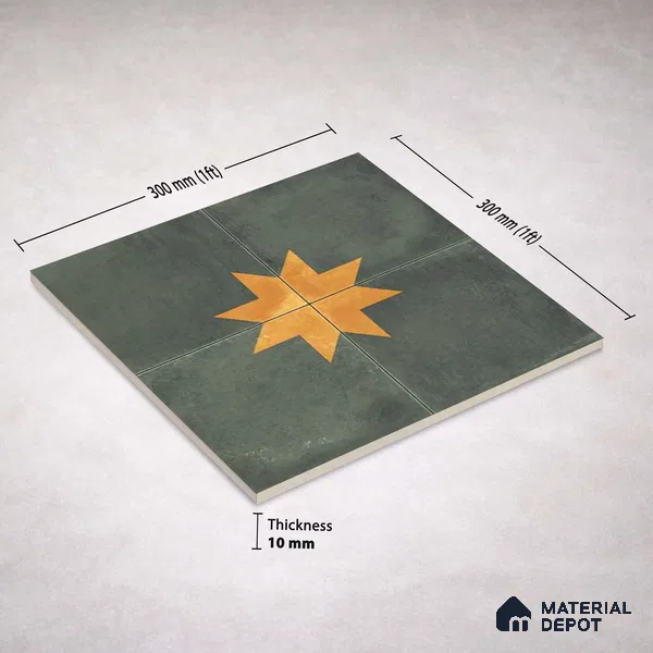 Moroccan Wall & Floor Center 3 Carpet Tile TL 11218 Olive Starburst 1 ft x 1 ft Ceramic Matte Finish Tile - 10 mm | Suitable For Kitchen, Bathroom, Living Room