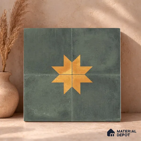 Moroccan Wall & Floor Center 3 Carpet Tile TL 11218 Olive Starburst 1 ft x 1 ft Ceramic Matte Finish Tile - 10 mm | Suitable For Kitchen, Bathroom, Living Room