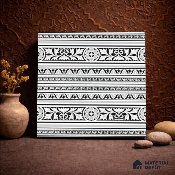 Moroccan Monochrome Wall & Floor Carpet Border Tile TL 11151 Ornate Laurel 1 ft x 1 ft Ceramic Matte Finish Tile - 10 mm | Suitable For Living Room, Kitchen, Dining Area