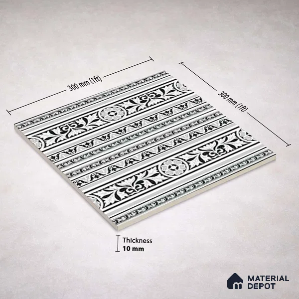 Moroccan Monochrome Wall & Floor Carpet Border Tile TL 11151 Ornate Laurel 1 ft x 1 ft Ceramic Matte Finish Tile - 10 mm | Suitable For Living Room, Kitchen, Dining Area