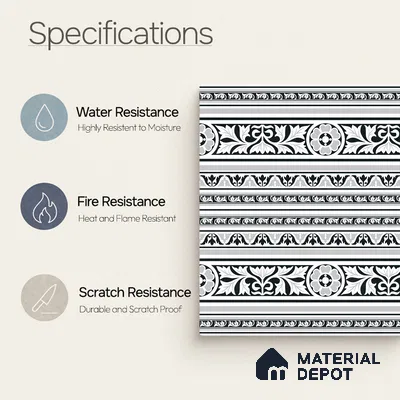 Moroccan Monochrome Wall & Floor Carpet Border Tile TL 11151 Ornate Laurel 1 ft x 1 ft Ceramic Matte Finish Tile - 10 mm | Suitable For Living Room, Kitchen, Dining Area