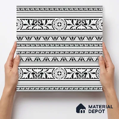 Moroccan Monochrome Wall & Floor Carpet Border Tile TL 11151 Ornate Laurel 1 ft x 1 ft Ceramic Matte Finish Tile - 10 mm | Suitable For Living Room, Kitchen, Dining Area