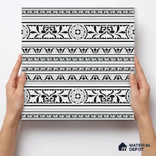 Moroccan Monochrome Wall & Floor Carpet Border Tile TL 11151 Ornate Laurel 1 ft x 1 ft Ceramic Matte Finish Tile - 10 mm | Suitable For Living Room, Kitchen, Dining Area
