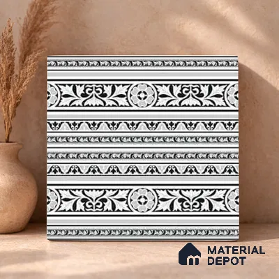 Moroccan Monochrome Wall & Floor Carpet Border Tile TL 11151 Ornate Laurel 1 ft x 1 ft Ceramic Matte Finish Tile - 10 mm | Suitable For Living Room, Kitchen, Dining Area