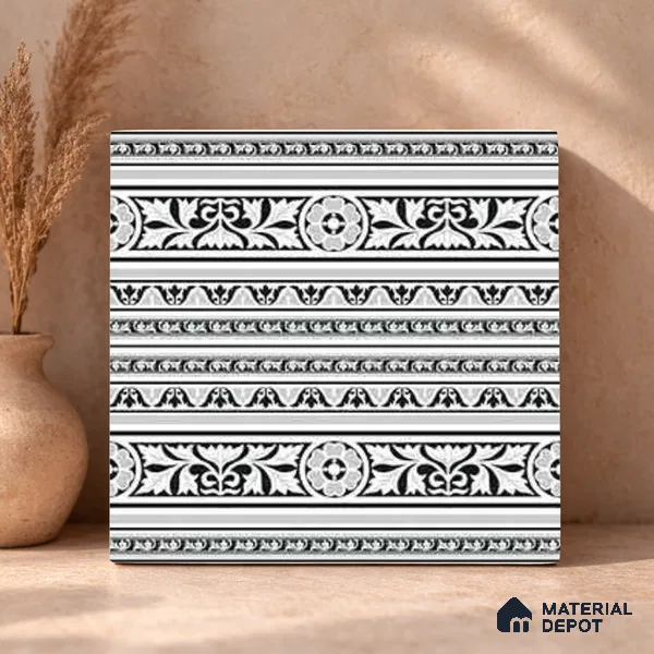 Moroccan Monochrome Wall & Floor Carpet Border Tile TL 11151 Ornate Laurel 1 ft x 1 ft Ceramic Matte Finish Tile - 10 mm | Suitable For Living Room, Kitchen, Dining Area
