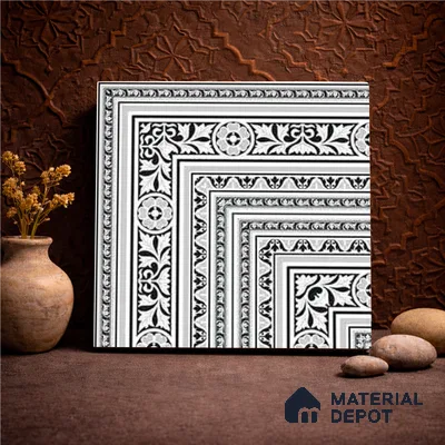 Moroccan Monochrome Wall & Floor Carpet Corner Tile TL 11152 Baroque Laurel 1 ft x 1 ft Ceramic Matte Finish Tile - 10 mm | Suitable For Living Room, Kitchen, Dining Area
