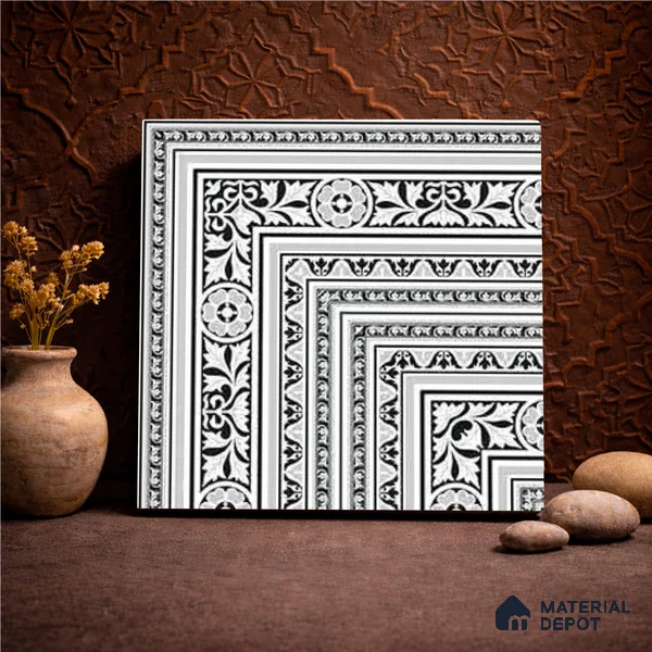 Moroccan Monochrome Wall & Floor Carpet Corner Tile TL 11152 Baroque Laurel 1 ft x 1 ft Ceramic Matte Finish Tile - 10 mm | Suitable For Living Room, Kitchen, Dining Area
