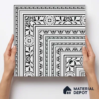 Moroccan Monochrome Wall & Floor Carpet Corner Tile TL 11152 Baroque Laurel 1 ft x 1 ft Ceramic Matte Finish Tile - 10 mm | Suitable For Living Room, Kitchen, Dining Area