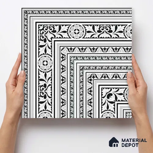 Moroccan Monochrome Wall & Floor Carpet Corner Tile TL 11152 Baroque Laurel 1 ft x 1 ft Ceramic Matte Finish Tile - 10 mm | Suitable For Living Room, Kitchen, Dining Area