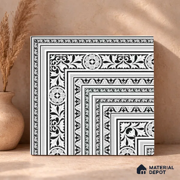 Moroccan Monochrome Wall & Floor Carpet Corner Tile TL 11152 Baroque Laurel 1 ft x 1 ft Ceramic Matte Finish Tile - 10 mm | Suitable For Living Room, Kitchen, Dining Area