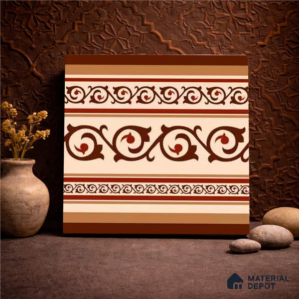 Moroccan Wall & Floor Carpet Border Tile TL 11177 Russet Filigree 1 ft x 1 ft Ceramic Matte Finish Tile - 10 mm | Suitable For Kitchen, Bathroom, Living Room