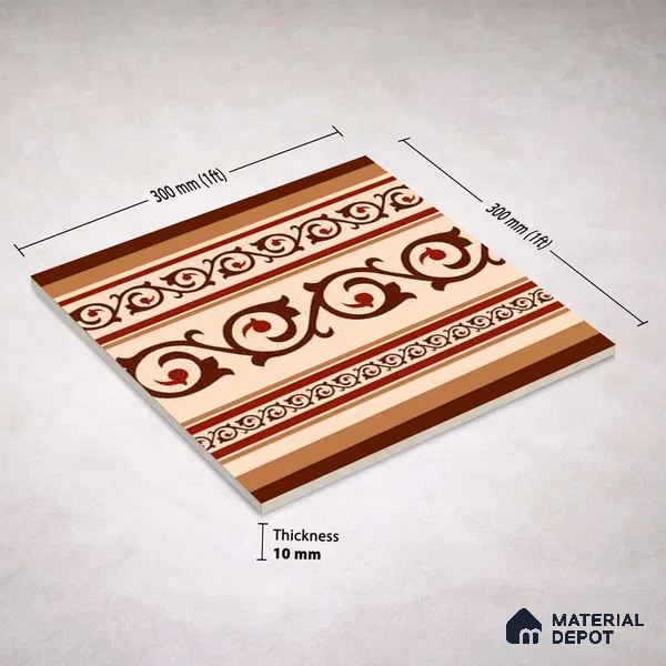Moroccan Wall & Floor Carpet Border Tile TL 11177 Russet Filigree 1 ft x 1 ft Ceramic Matte Finish Tile - 10 mm | Suitable For Kitchen, Bathroom, Living Room