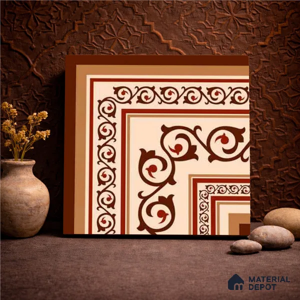 Moroccan Wall & Floor Carpet Corner Tile TL 11178 Russet Arabesque 1 ft x 1 ft Ceramic Matte Finish Tile - 10 mm | Suitable For Kitchen, Bathroom, Living Room