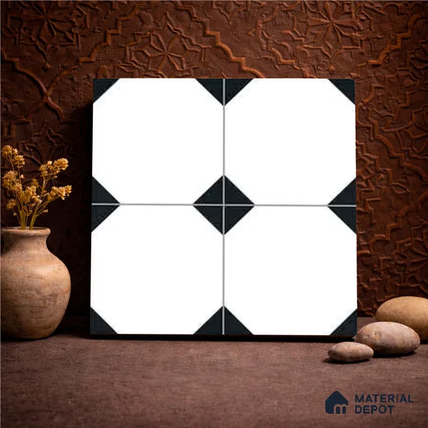 Moroccan Monochrome Wall & Floor Carpet Center Tile TL 11155 Octave Noir 1 ft x 1 ft Ceramic Matte Finish Tile - 10 mm | Suitable For Living Room, Kitchen, Dining Area (Sample)