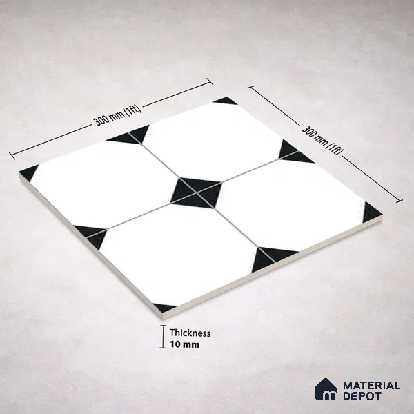 Moroccan Monochrome Wall & Floor Carpet Center Tile TL 11155 Octave Noir 1 ft x 1 ft Ceramic Matte Finish Tile - 10 mm | Suitable For Living Room, Kitchen, Dining Area (Sample)