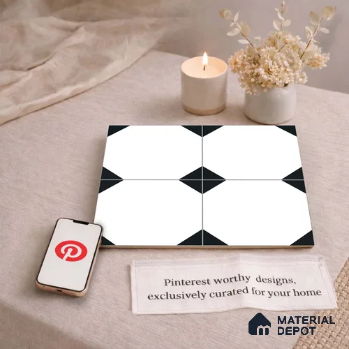 Moroccan Monochrome Wall & Floor Carpet Center Tile TL 11155 Octave Noir 1 ft x 1 ft Ceramic Matte Finish Tile - 10 mm | Suitable For Living Room, Kitchen, Dining Area