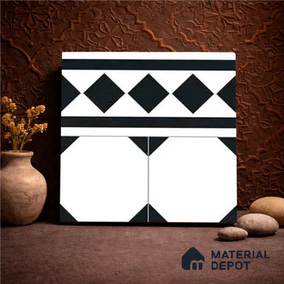 Moroccan Wall & Floor Carpet Border Tile TL 11156 Monochrome Deco 1 ft x 1 ft Ceramic Matte Finish Tile - 10 mm | Suitable For Living Room, Kitchen, Dining Area
