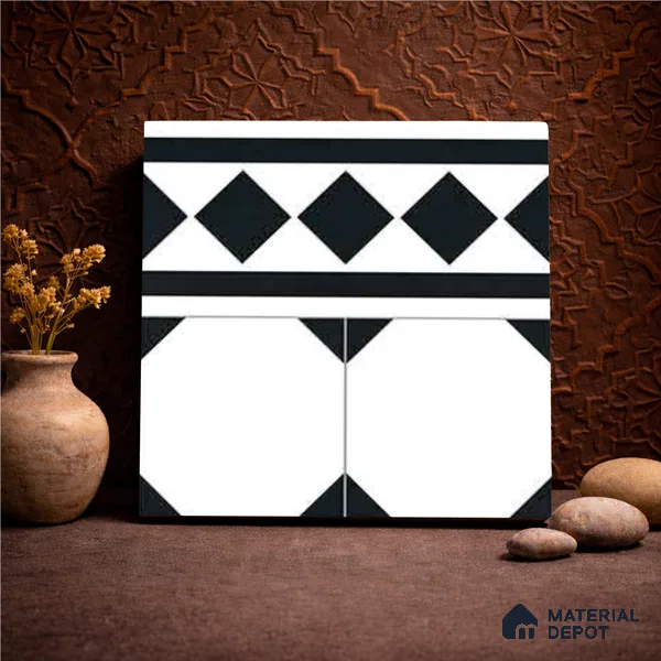 Moroccan Wall & Floor Carpet Border Tile TL 11156 Monochrome Deco 1 ft x 1 ft Ceramic Matte Finish Tile - 10 mm | Suitable For Living Room, Kitchen, Dining Area