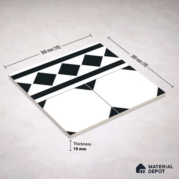 Moroccan Wall & Floor Carpet Border Tile TL 11156 Monochrome Deco 1 ft x 1 ft Ceramic Matte Finish Tile - 10 mm | Suitable For Living Room, Kitchen, Dining Area