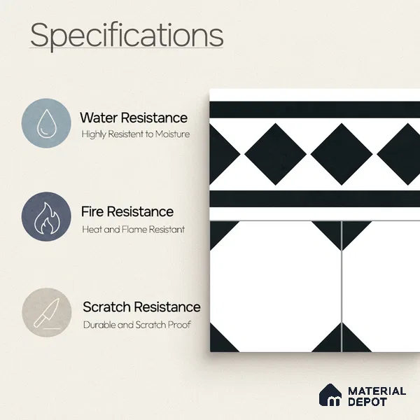 Moroccan Wall & Floor Carpet Border Tile TL 11156 Monochrome Deco 1 ft x 1 ft Ceramic Matte Finish Tile - 10 mm | Suitable For Living Room, Kitchen, Dining Area