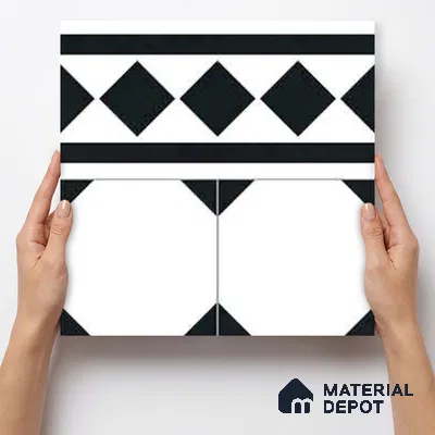 Moroccan Wall & Floor Carpet Border Tile TL 11156 Monochrome Deco 1 ft x 1 ft Ceramic Matte Finish Tile - 10 mm | Suitable For Living Room, Kitchen, Dining Area