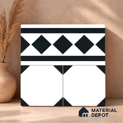 Moroccan Wall & Floor Carpet Border Tile TL 11156 Monochrome Deco 1 ft x 1 ft Ceramic Matte Finish Tile - 10 mm | Suitable For Living Room, Kitchen, Dining Area