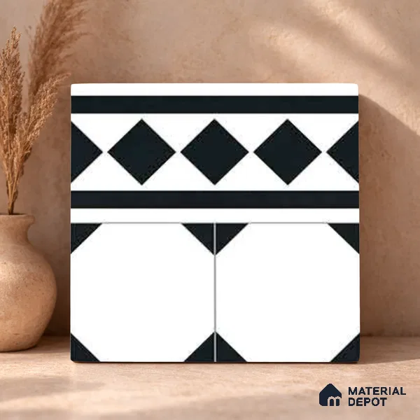 Moroccan Wall & Floor Carpet Border Tile TL 11156 Monochrome Deco 1 ft x 1 ft Ceramic Matte Finish Tile - 10 mm | Suitable For Living Room, Kitchen, Dining Area