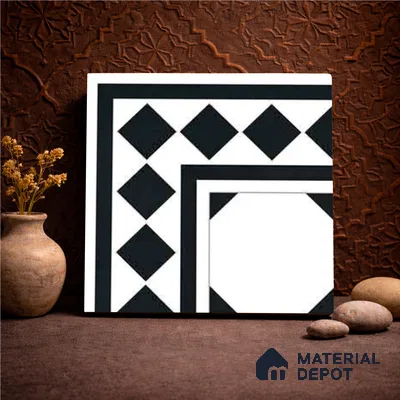 Moroccan Monochrome Wall & Floor Carpet Corner Tile TL 11157 Noir Lattice 1 ft x 1 ft Ceramic Matte Finish Tile - 10 mm | Suitable For Living Room, Kitchen, Dining Area (Sample)