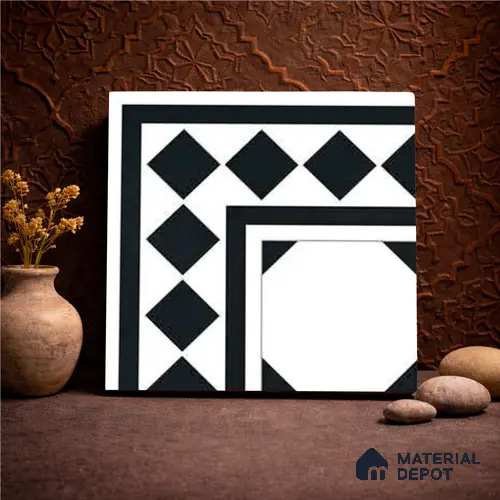 Moroccan Monochrome Wall & Floor Carpet Corner Tile TL 11157 Noir Lattice 1 ft x 1 ft Ceramic Matte Finish Tile - 10 mm | Suitable For Living Room, Kitchen, Dining Area