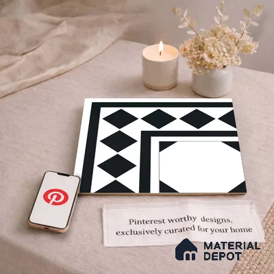 Moroccan Monochrome Wall & Floor Carpet Corner Tile TL 11157 Noir Lattice 1 ft x 1 ft Ceramic Matte Finish Tile - 10 mm | Suitable For Living Room, Kitchen, Dining Area (Sample)