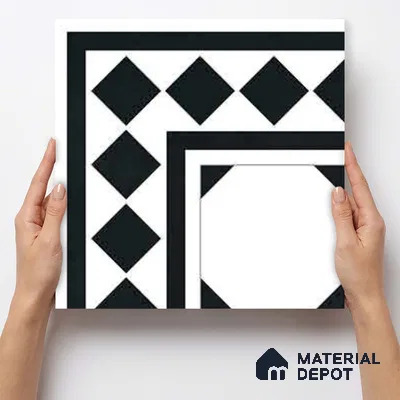Moroccan Monochrome Wall & Floor Carpet Corner Tile TL 11157 Noir Lattice 1 ft x 1 ft Ceramic Matte Finish Tile - 10 mm | Suitable For Living Room, Kitchen, Dining Area (Sample)