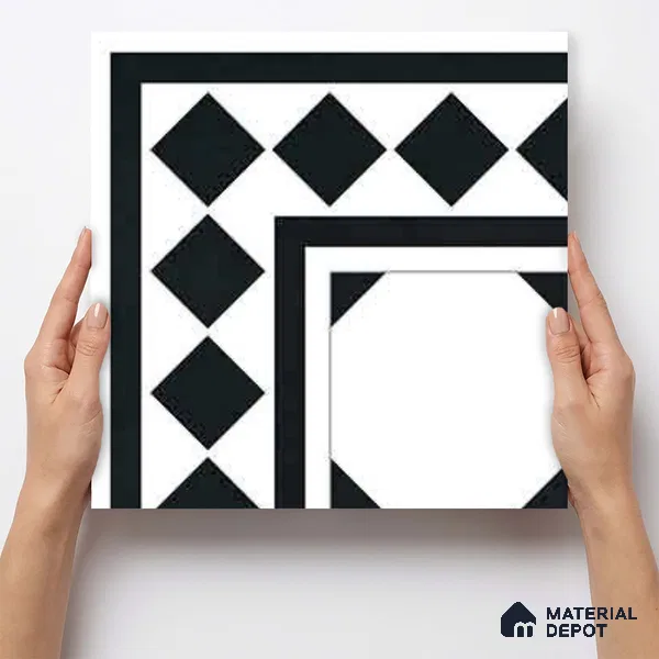 Moroccan Monochrome Wall & Floor Carpet Corner Tile TL 11157 Noir Lattice 1 ft x 1 ft Ceramic Matte Finish Tile - 10 mm | Suitable For Living Room, Kitchen, Dining Area (Sample)